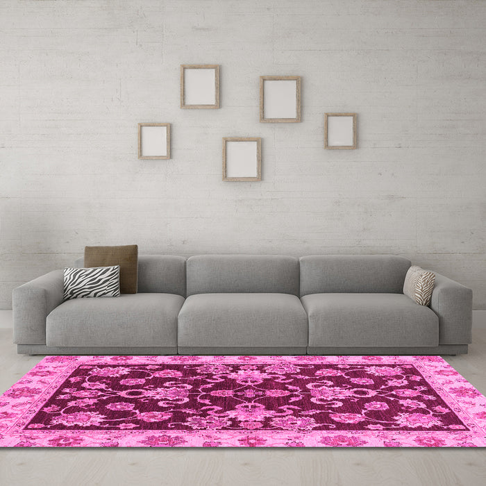Machine Washable Oriental Pink Traditional Rug in a Living Room, wshabs3017pnk