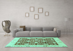 Machine Washable Oriental Turquoise Traditional Area Rugs in a Living Room,, wshabs3018turq