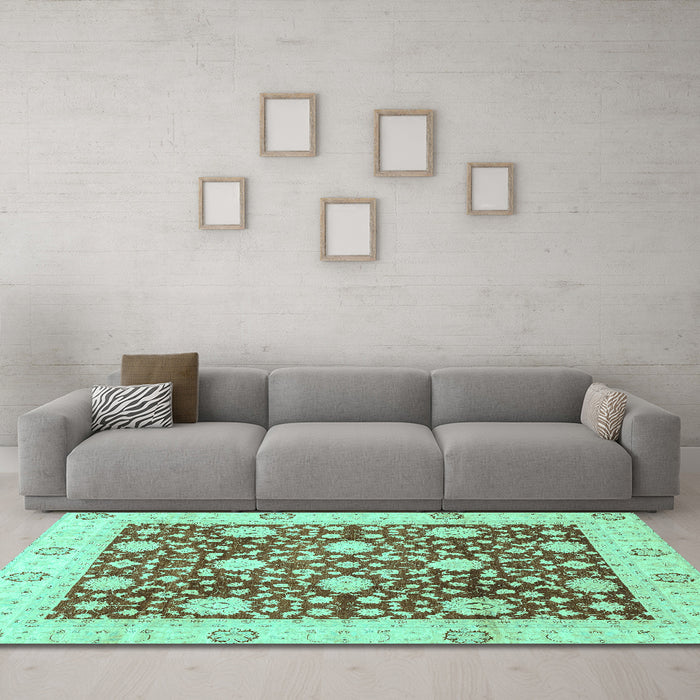 Machine Washable Oriental Turquoise Traditional Area Rugs in a Living Room,, wshabs3018turq