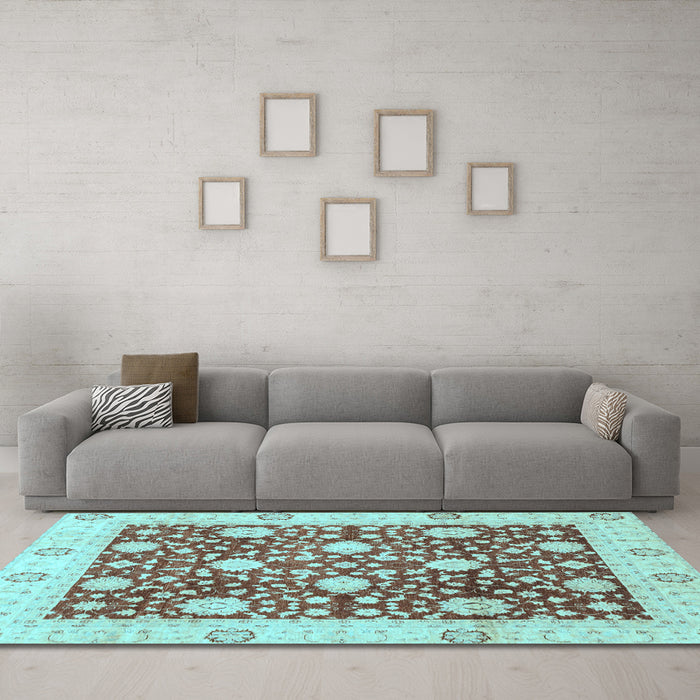 Machine Washable Oriental Light Blue Traditional Rug in a Living Room, wshabs3018lblu