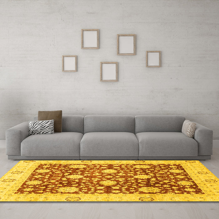 Machine Washable Oriental Yellow Traditional Rug in a Living Room, wshabs3018yw