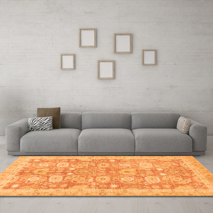 Machine Washable Abstract Orange Modern Area Rugs in a Living Room, wshabs3019org