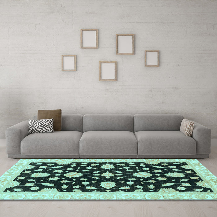 Machine Washable Oriental Light Blue Traditional Rug in a Living Room, wshabs3020lblu