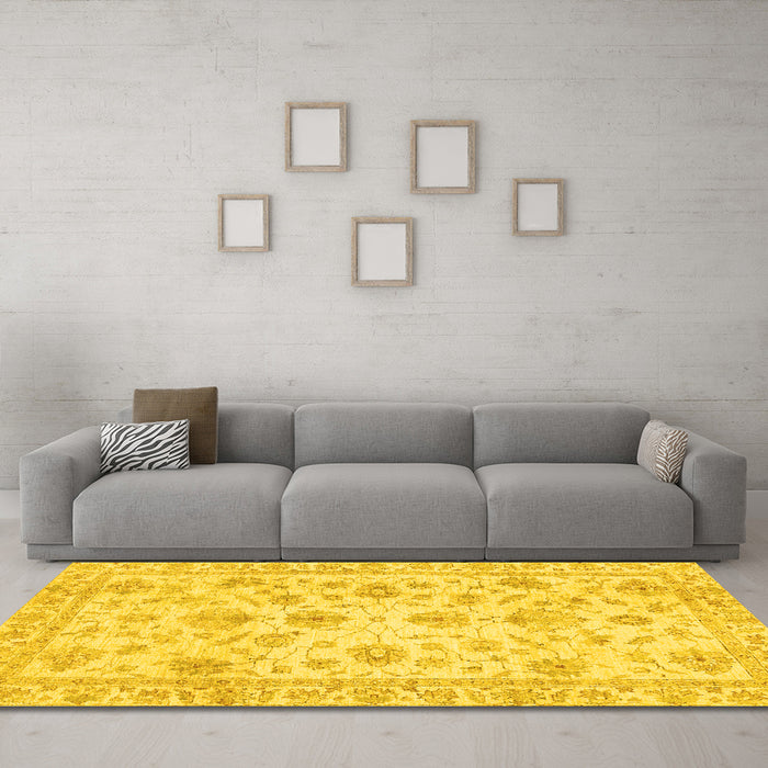 Machine Washable Oriental Yellow Traditional Rug in a Living Room, wshabs3022yw
