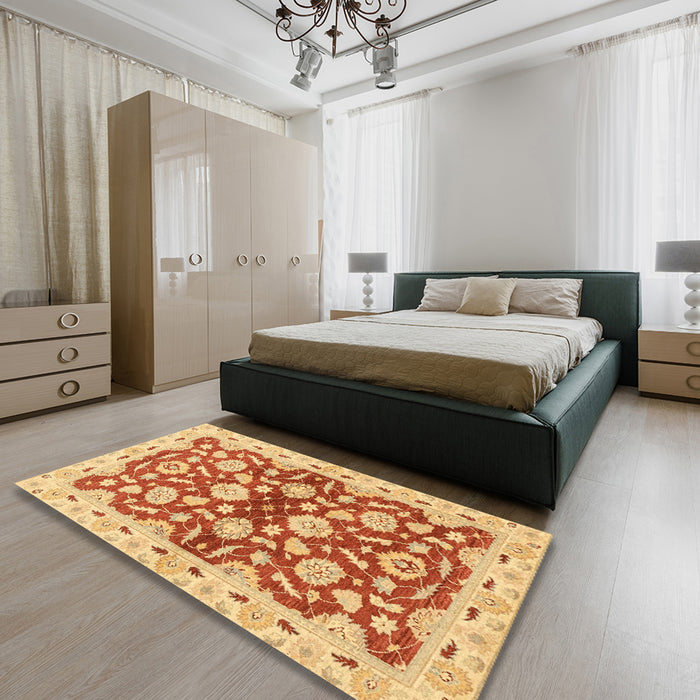 Abstract Orange Red Oriental Rug in a Bedroom, abs3024