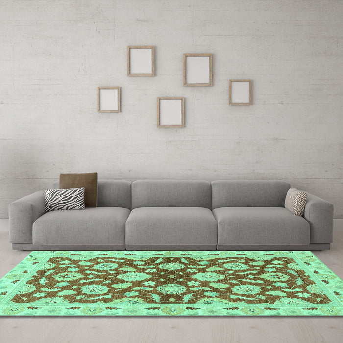 Machine Washable Oriental Turquoise Traditional Area Rugs in a Living Room,, wshabs3024turq