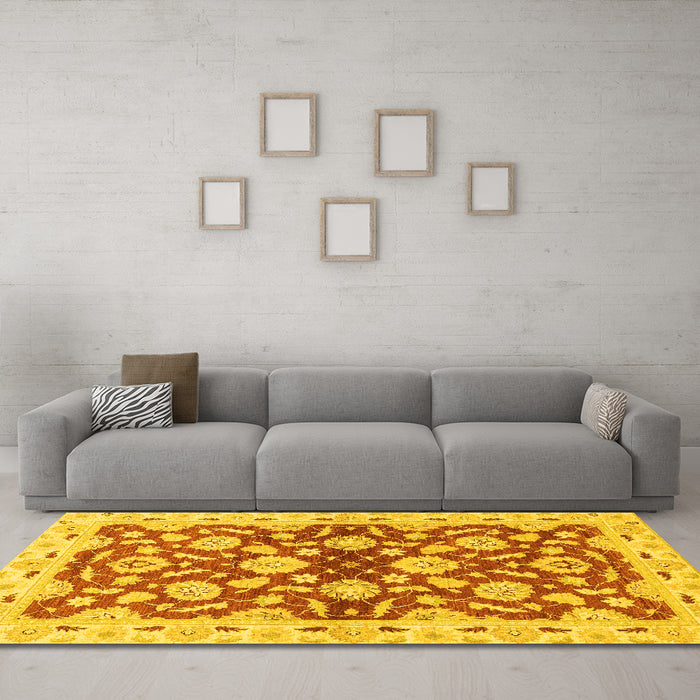 Machine Washable Oriental Yellow Traditional Rug in a Living Room, wshabs3024yw