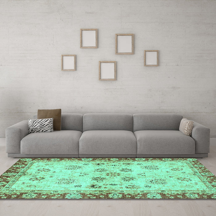 Machine Washable Oriental Turquoise Traditional Area Rugs in a Living Room,, wshabs3025turq