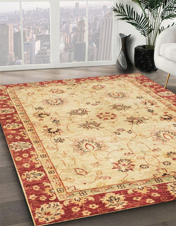 Abstract Mustard Yellow Oriental Rug in Family Room, abs3025