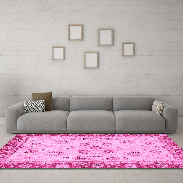 Machine Washable Oriental Pink Traditional Rug in a Living Room, wshabs3025pnk