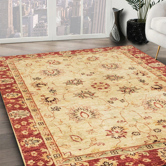 Abstract Mustard Yellow Oriental Rug in Family Room, abs3025