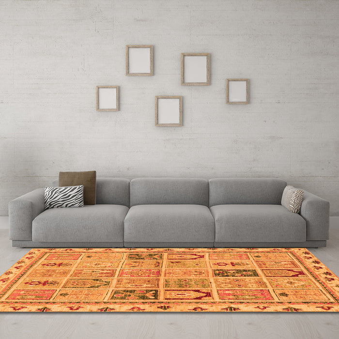 Machine Washable Abstract Orange Modern Area Rugs in a Living Room, wshabs3026org