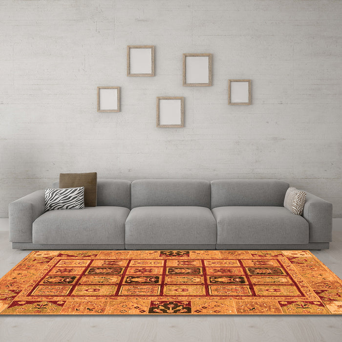 Machine Washable Abstract Orange Modern Area Rugs in a Living Room, wshabs3027org