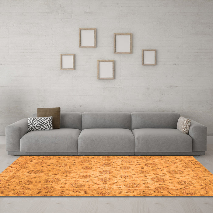 Machine Washable Abstract Orange Modern Area Rugs in a Living Room, wshabs3030org