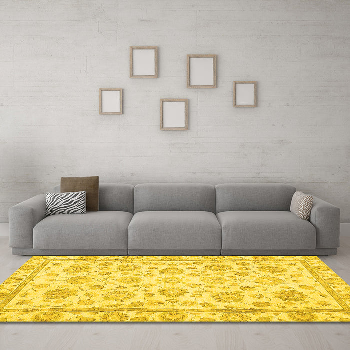Machine Washable Oriental Yellow Traditional Rug in a Living Room, wshabs3031yw