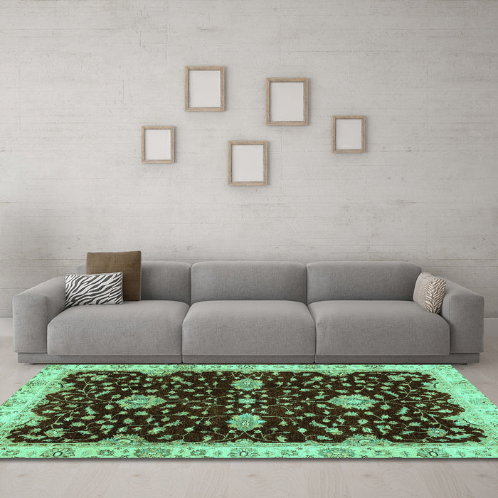 Machine Washable Oriental Turquoise Traditional Area Rugs in a Living Room,, wshabs3034turq