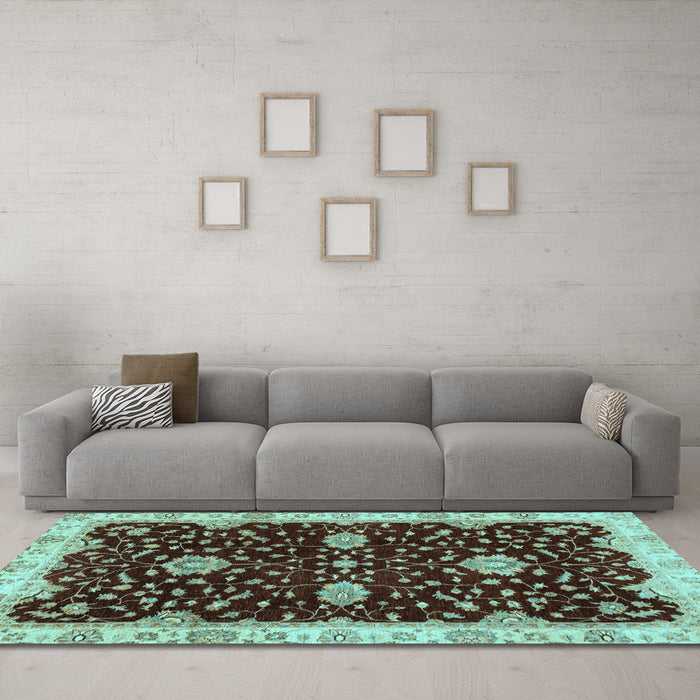 Machine Washable Oriental Light Blue Traditional Rug in a Living Room, wshabs3034lblu