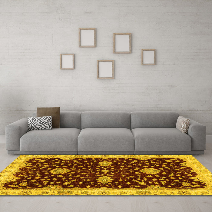 Machine Washable Oriental Yellow Traditional Rug in a Living Room, wshabs3034yw