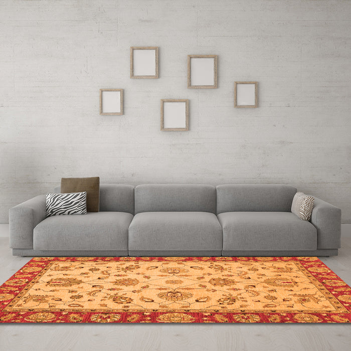 Machine Washable Abstract Orange Modern Area Rugs in a Living Room, wshabs3035org