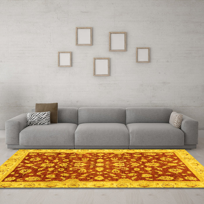 Machine Washable Oriental Yellow Traditional Rug in a Living Room, wshabs3036yw