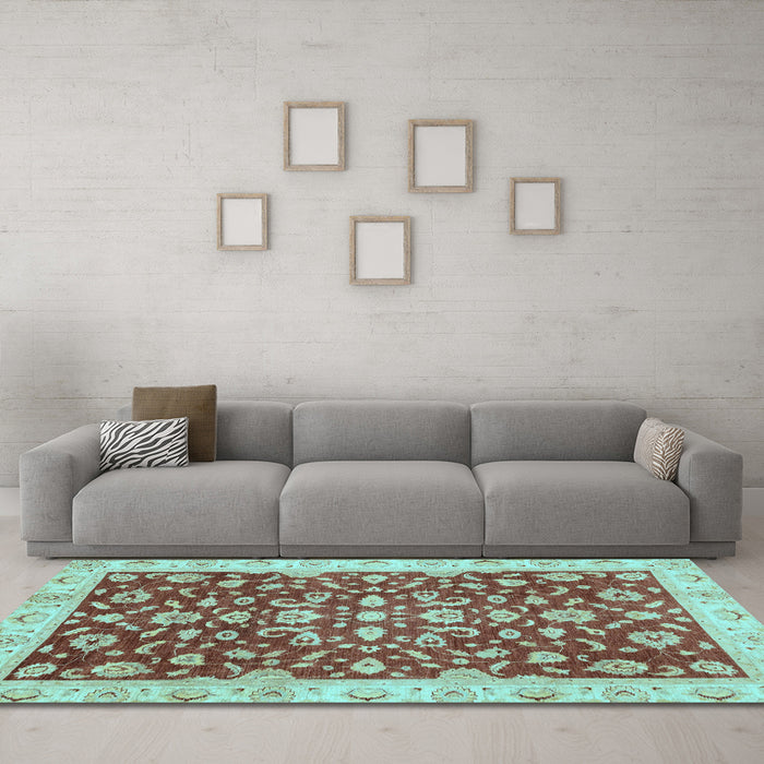 Machine Washable Oriental Light Blue Traditional Rug in a Living Room, wshabs3036lblu