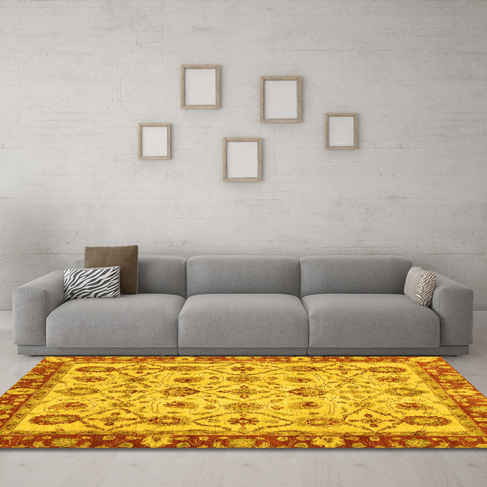 Machine Washable Oriental Yellow Traditional Rug in a Living Room, wshabs3037yw