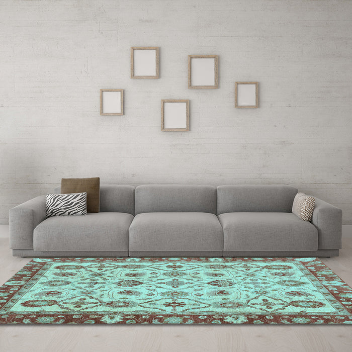 Machine Washable Oriental Light Blue Traditional Rug in a Living Room, wshabs3037lblu