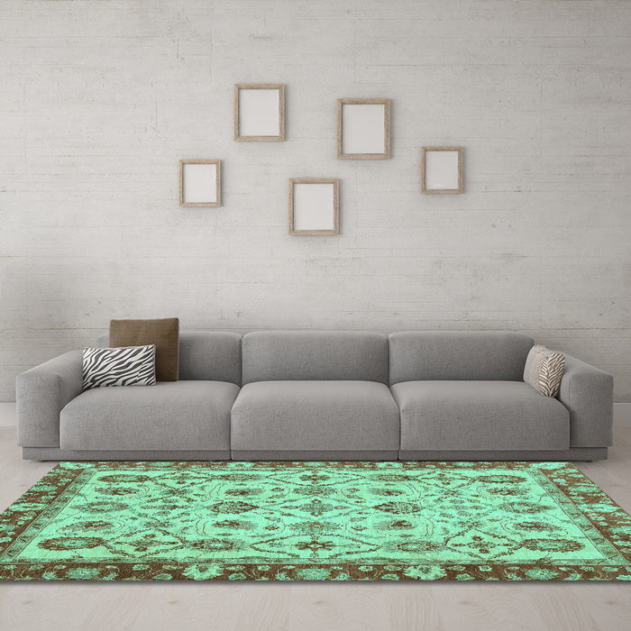 Machine Washable Oriental Turquoise Traditional Area Rugs in a Living Room,, wshabs3037turq