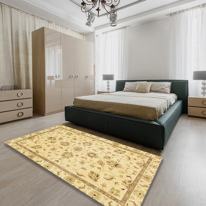 Abstract Yellow Oriental Rug in a Bedroom, abs3038