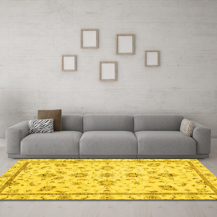 Machine Washable Oriental Yellow Traditional Rug in a Living Room, wshabs3038yw