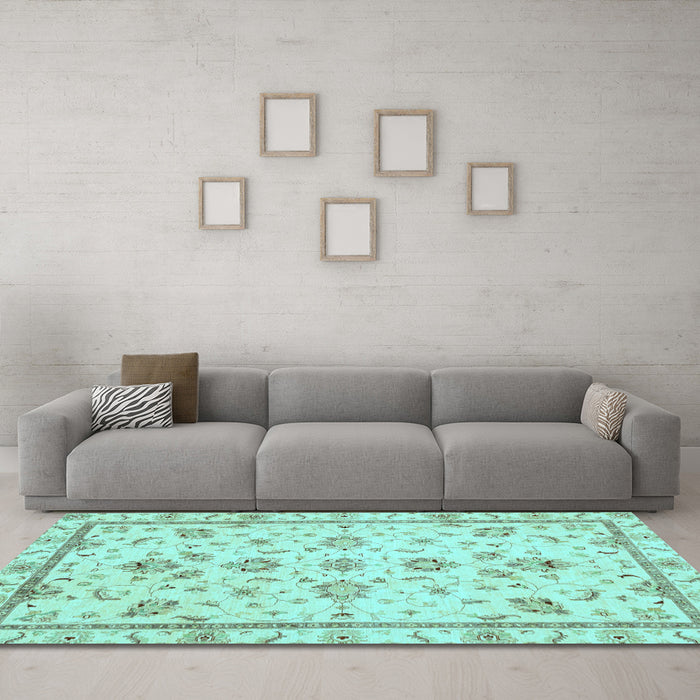 Machine Washable Oriental Light Blue Traditional Rug in a Living Room, wshabs3038lblu