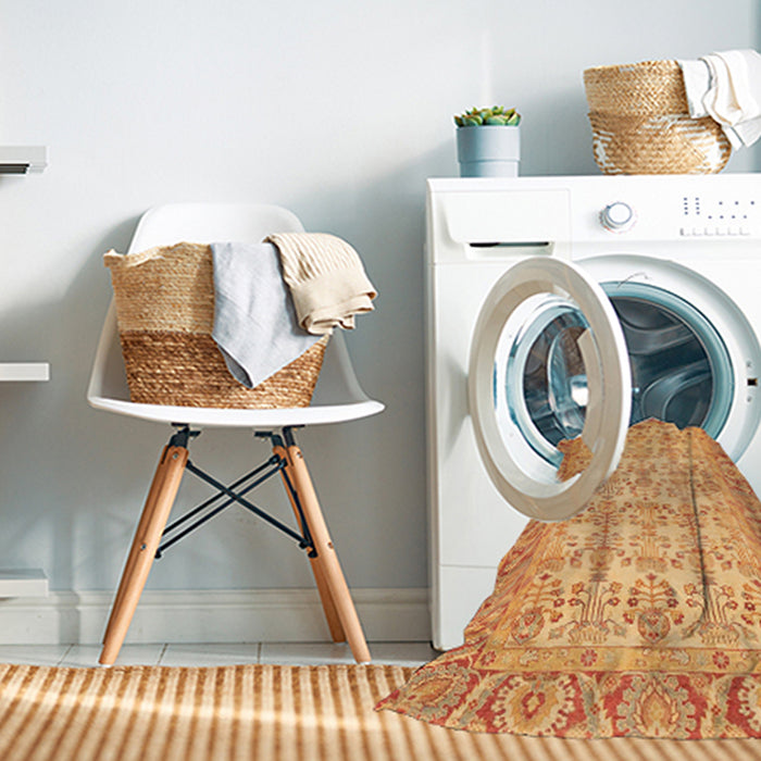 Machine Washable Abstract Saffron Yellow Rug in a Washing Machine, wshabs3039