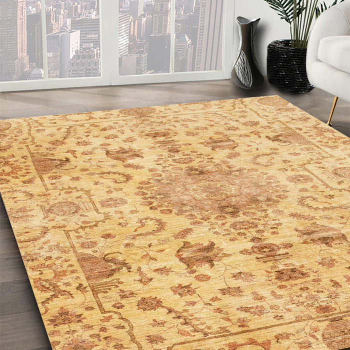 Abstract Chrome Gold Yellow Oriental Rug in Family Room, abs3040