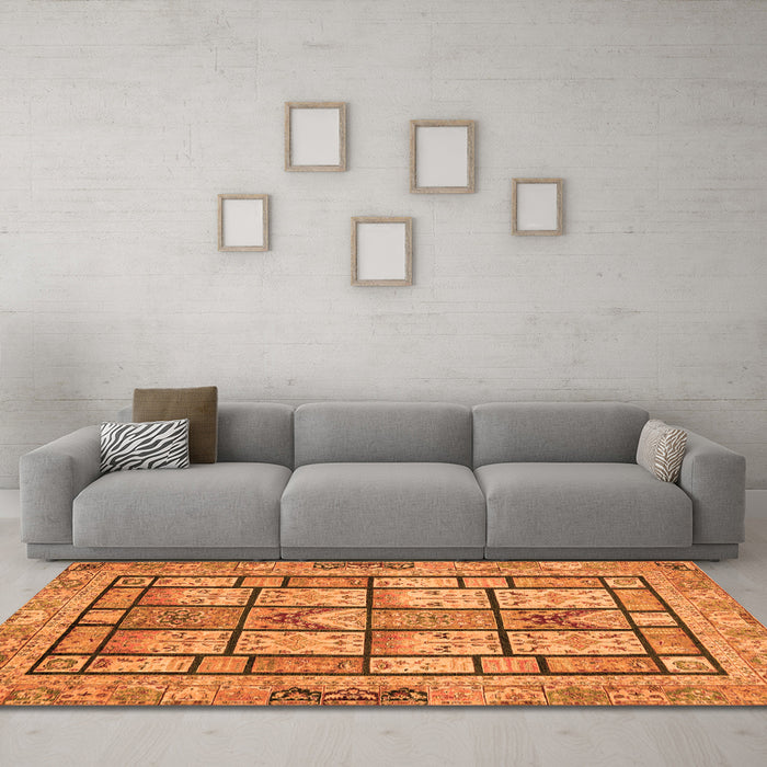 Machine Washable Abstract Orange Modern Area Rugs in a Living Room, wshabs3041org