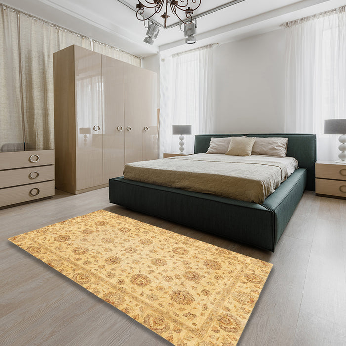 Abstract Yellow Oriental Rug in a Bedroom, abs3042