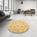 Round Abstract Yellow Oriental Rug in a Office, abs3042