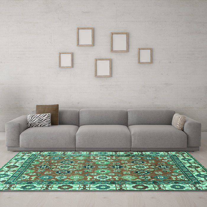 Machine Washable Oriental Turquoise Traditional Area Rugs in a Living Room,, wshabs3052turq