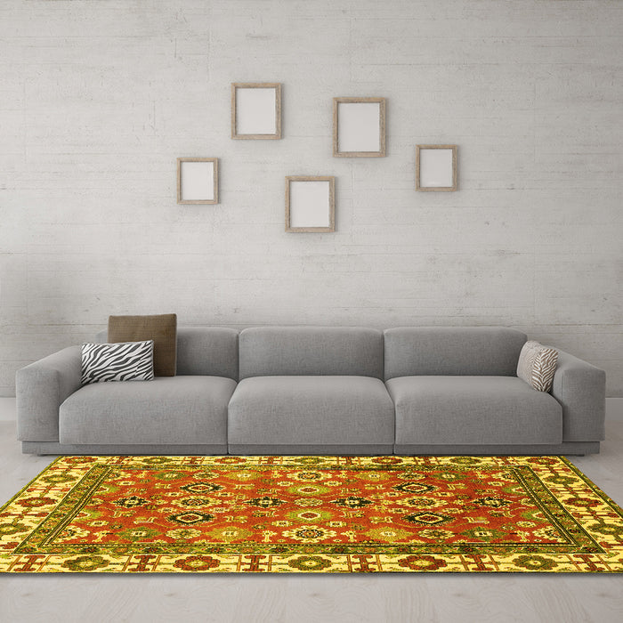 Machine Washable Oriental Yellow Traditional Rug in a Living Room, wshabs3052yw