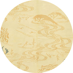 Round Machine Washable Abstract Chrome Gold Yellow Rug, wshabs3065