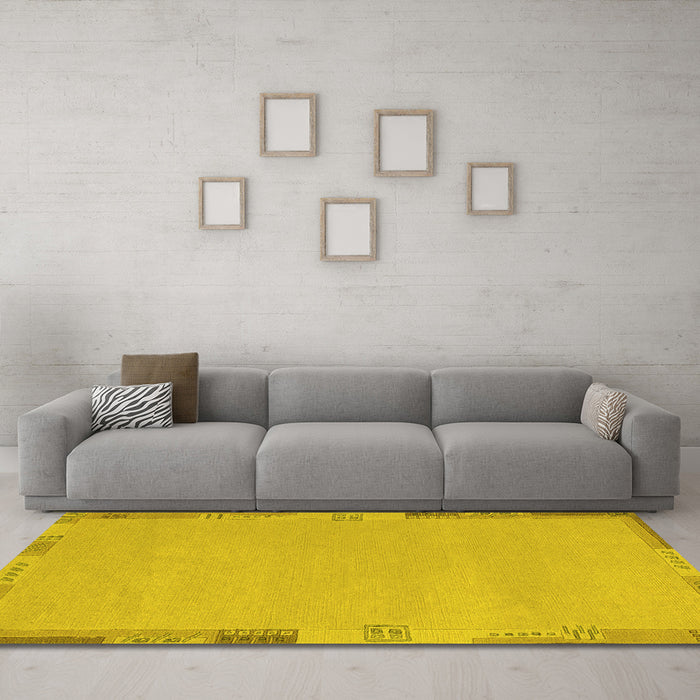 Machine Washable Abstract Yellow Modern Rug in a Living Room, wshabs3077yw
