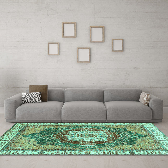 Machine Washable Abstract Turquoise Modern Area Rugs in a Living Room,, wshabs3082turq
