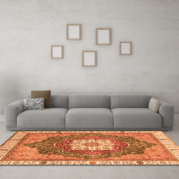 Machine Washable Abstract Orange Modern Area Rugs in a Living Room, wshabs3082org