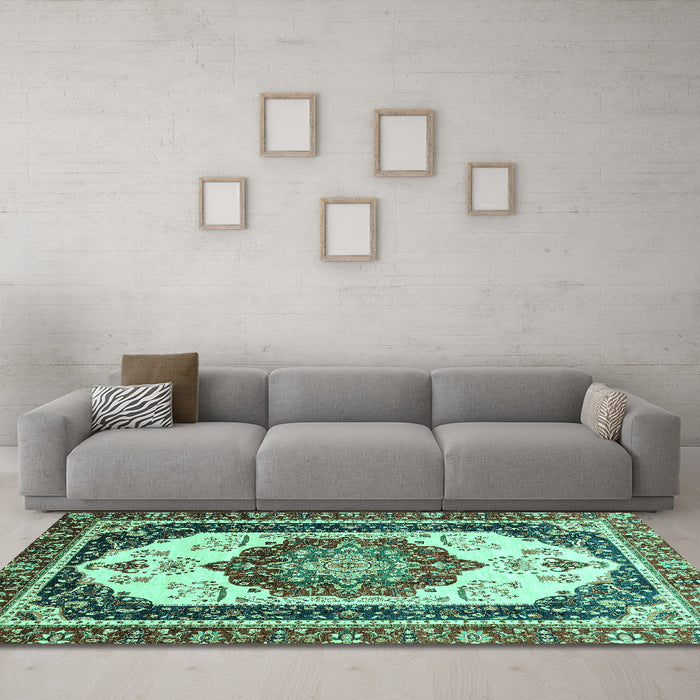 Machine Washable Abstract Turquoise Modern Area Rugs in a Living Room,, wshabs3083turq
