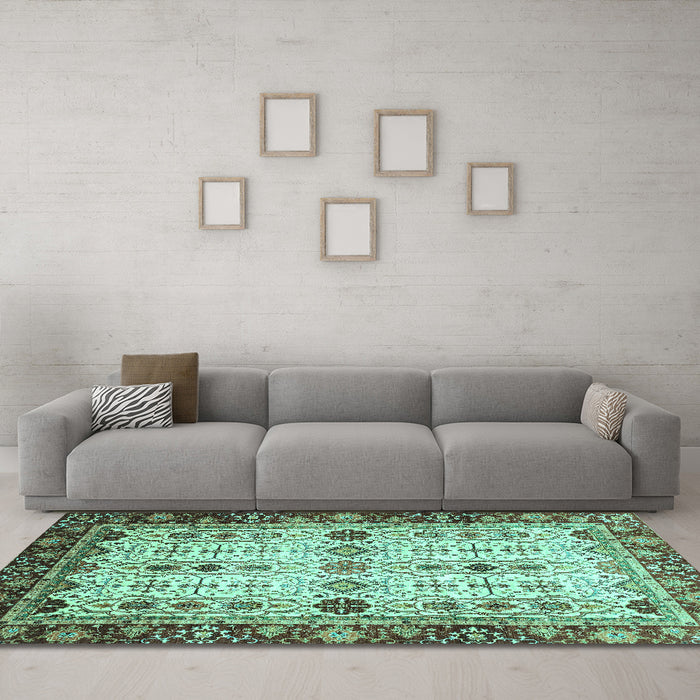 Machine Washable Abstract Turquoise Modern Area Rugs in a Living Room,, wshabs3086turq