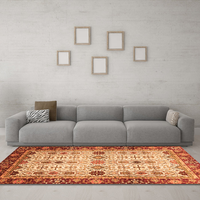 Machine Washable Abstract Orange Modern Area Rugs in a Living Room, wshabs3086org