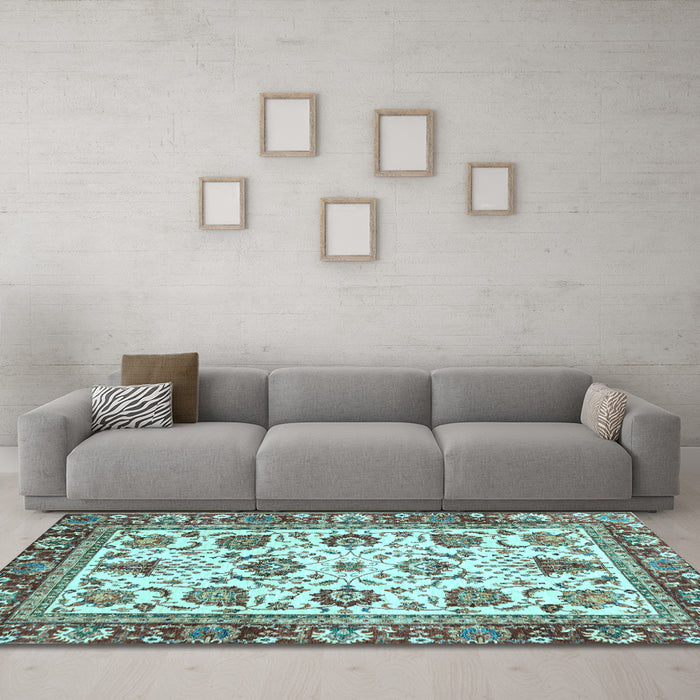 Machine Washable Oriental Light Blue Traditional Rug in a Living Room, wshabs3091lblu