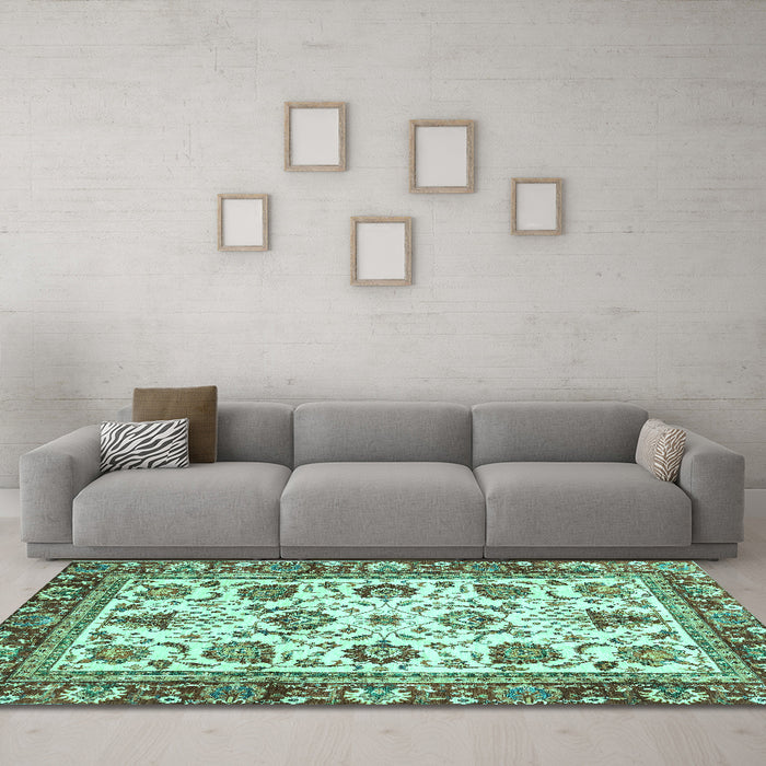 Machine Washable Oriental Turquoise Traditional Area Rugs in a Living Room,, wshabs3091turq