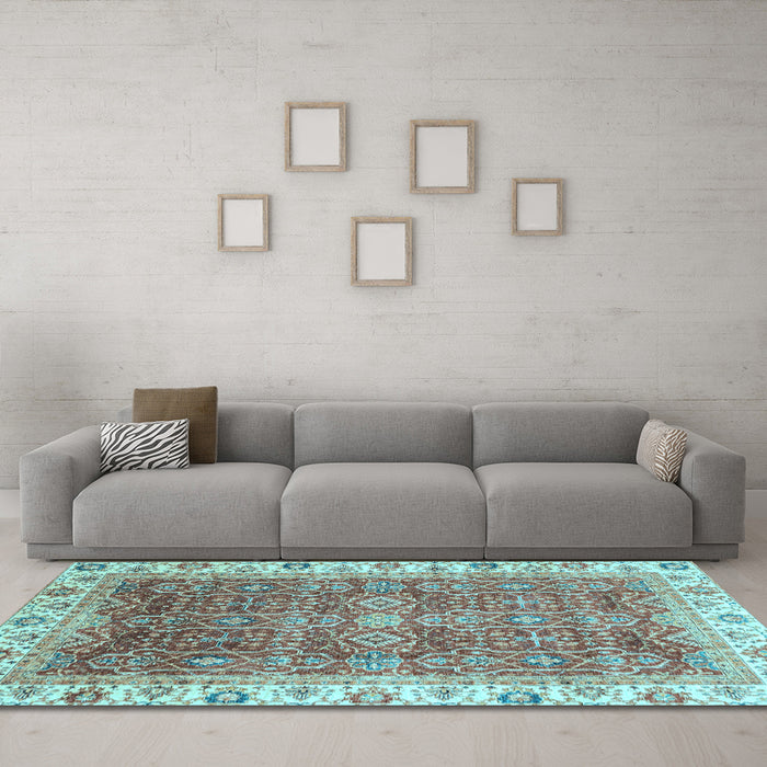 Machine Washable Oriental Light Blue Traditional Rug in a Living Room, wshabs3092lblu