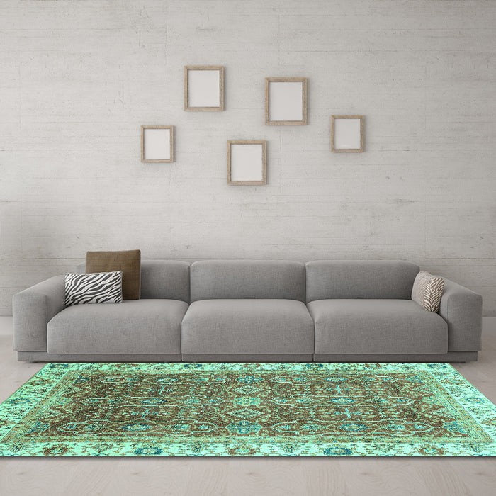 Machine Washable Oriental Turquoise Traditional Area Rugs in a Living Room,, wshabs3092turq