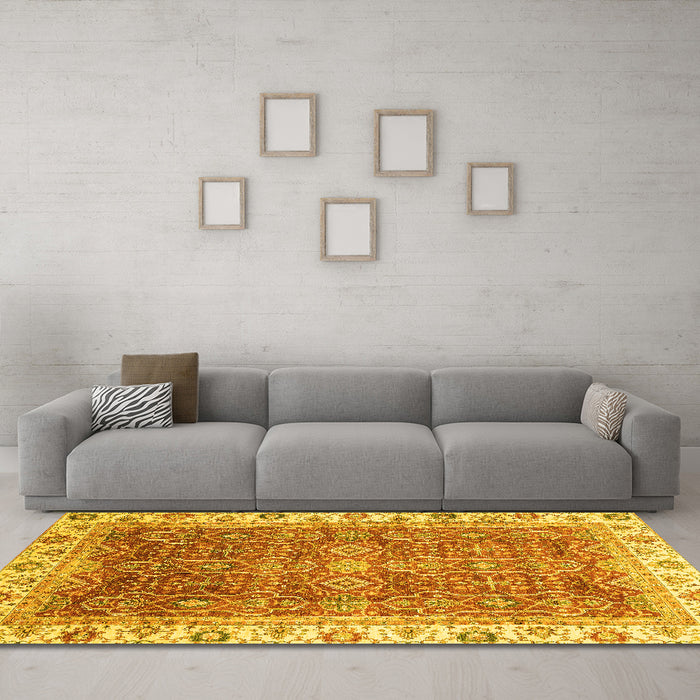 Machine Washable Oriental Yellow Traditional Rug in a Living Room, wshabs3092yw